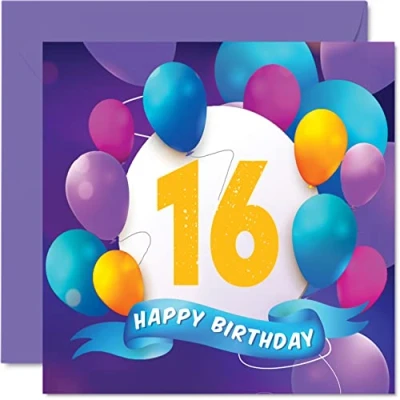 Afbeelding van 16e verjaardagskaart voor jongens meisjes ballonfeest gelukkige verjaardagskaarten 16 jaar oude tiener jongen meisje broer zus zoon dochter kleinzoon kleindochter, 145 mm x verjaardag wenskaarten cadeau