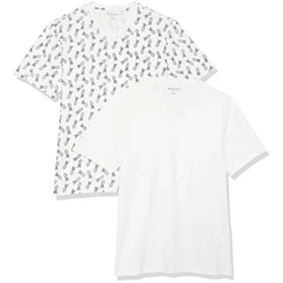 Afbeelding van Amazon Essentials Heren Slim Fit T shirt met korte mouwen en V hals, verpakking van 2 stuks, wit ananasprint, Large