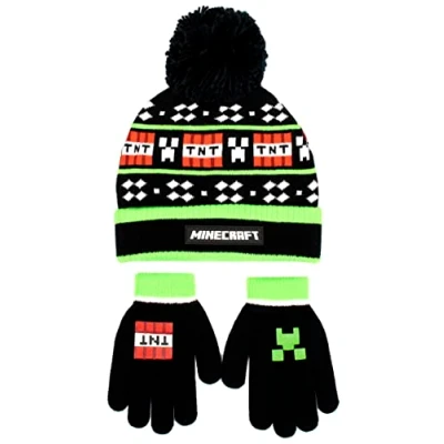 Afbeelding van Minecraft Kindermuts en handschoenen set zwarte wollige hoed pixelontwerp één maat past 6 12 jaar Officiële Merchandise, TNT, One size