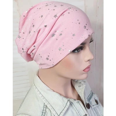 Afbeelding van Zomerse chemomuts beanie kleur roze met sterretjes maat one size
