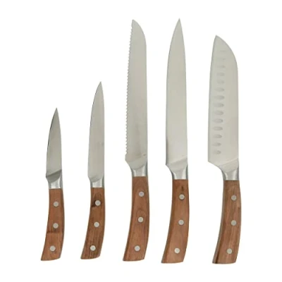 Afbeelding van Pradel rasp, keukenmes, messenset, handvat van walnoothout, 5 delig, koksmes, 2 santokumessen, 1 trancheermes, vleesmes, groentemes en kantoormes, messen