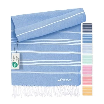 Afbeelding van Fit Flip Hamamdoek Strandhanddoek XXL van 100% gerecycled katoen sneldrogend strandlaken, fouta, pestemal Turkse handdoek ideaal als hamam saunahanddoek en sarong Blauw 100x200cm Sultan