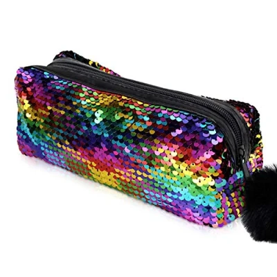 Afbeelding van PHOGARY Zeemeermin pailletten etui voor meisjes (omkeerbare kleur), glitter cosmetische make up handtas portemonnee vrouwen met pompom ritssluiting, Regenboog, Tas Organizer