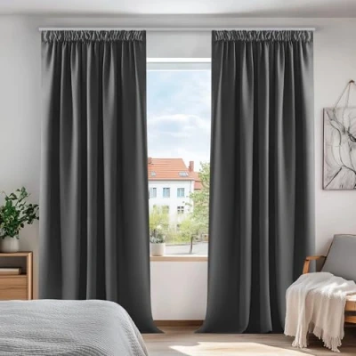Afbeelding van Deconovo Verduisteringsgordijnen Plooiband, 140x240 cm (B x H), Donkergrijs, 2 stuks, Gordijnen Warmte isolerend voor Slaapkamer, Raam