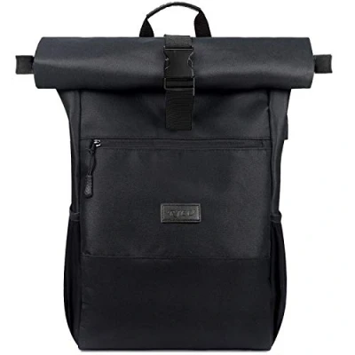 Afbeelding van Rolltop Rugzak voor dames en heren,Laptoprugzak 17,3 inch laptop,dagrugzak waterdicht anti diefstal,Schoolrugzak tienermeisjes jongens met USB oplaadpoort werk,universiteit,reizen,sportrugzak (Zwart 26L)