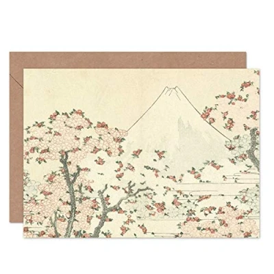 Afbeelding van Artery8 Hokusai Fuji And Cherry Blossom Japanese Painting Fine Art Greeting Card Plus Envelope Blank Inside