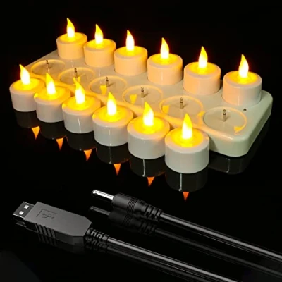 Afbeelding van Ymenow USB oplaadbare theelichten, 12 stuks, led kaarsen, vlamloos, batterijkaarsen met oplaadstation, kabel en kaarsenglazen voor thuis, bruiloft, Halloween, Thanksgiving kerstdecoraties