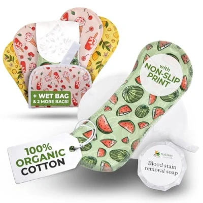 Afbeelding van Tieners herbruikbare menstrual pads, 6 pack; MINI; organisch katoen; fruit spetter; witte vleugels