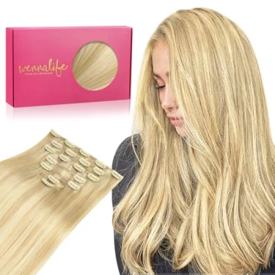 Afbeelding van Wennalife clip in extensies, echt haar, 50 cm, 120 g, 7 stuks, lichtblond, highlights goudblond, Remy haarextensies, natuurlijk haar