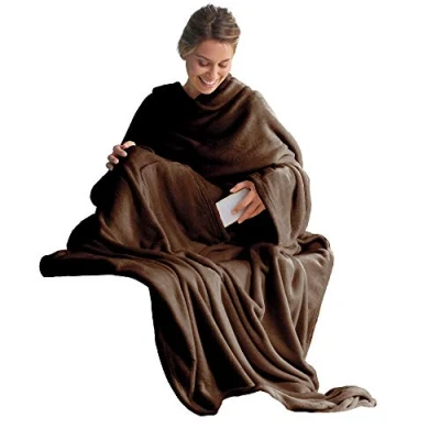 Afbeelding van CelinaTex TV deken knuffeldeken met mouwen en voettas 150 x 180 cm donkerbruin koraal fleece sprei microvezel