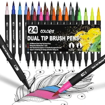 Afbeelding van Dual Brush Pen Set, 24 kleuren dubbele viltstiften, waterbasis, aquarelstiften voor aquarel, watercolo, bullet journal, handlettering, kalligrafie, manga, kleurboeken, met viltstift en fineliner
