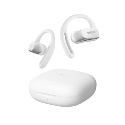 Afbeelding van SHOKZ OpenFit Air open ear hoofdtelefoon echte draadloze Bluetooth oortelefoon met microfoon snel opladen 28 uur speeltijd IP54 waterdicht voor training wit