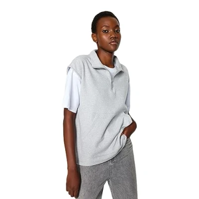 Afbeelding van Trendyol Grijs Thessaloniki/Gebreide Look Kraag Met Ritssluiting, Normale Pasvorm, Gebreid Sweatshirt Zonder Mouwen Twoaw24Sw00002