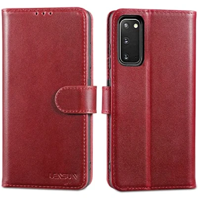 Afbeelding van LENSUN beschermhoes voor Samsung Galaxy S20, van echt leer, S20 5G, portefeuille, RFID blokkering, met kaartvakken en magneetsluiting, wijnrood