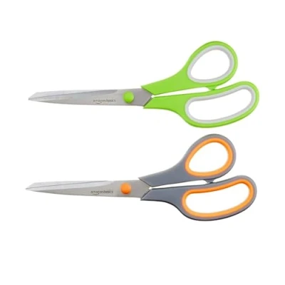 Afbeelding van Amazon Basics Scharen, roestvrij staal, kantoor, veelzijdig, comfortabele greep, PVD coating, set van 2, groen en grijs