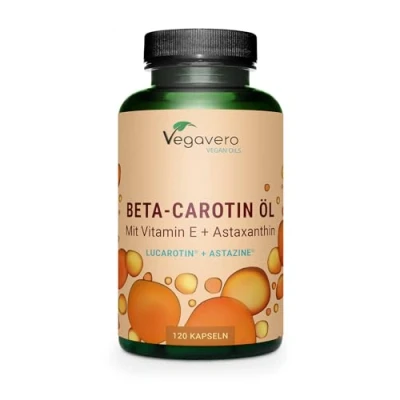 Afbeelding van Vegavero Bèta caroteen bruinings capsules met astaxanthine + vitamine E Eersteklas grondstoffen: Lucarotin® AstaZine® Geen gelatine Laboratorium getest Zonder toevoegingen