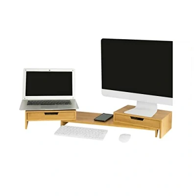 Afbeelding van SoBuy BBF04 W Design monitorverhoging voor 2 monitoren monitorstandaard beeldschermstandaard notebookstandaard bureaustandaard met schuifladen in breedte verstelbaar wit BHT ca.: 60 107x11x22cm