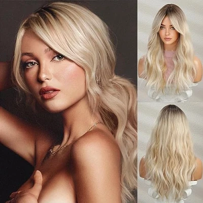Afbeelding van Honygebia Golvende Blonde Pruik met Pony Ombre Gordijn Pruiken voor Vrouwen, Lang Golf Donkere Wortels Haar, Synthetische Hittebestendige Natuurlijke Halloween/Kerst/Cosplay
