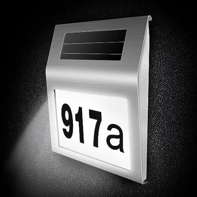 Afbeelding van COEKI Huisnummer, roestvrij staal, op zonne energie, 2 leds, met schemerschakelaar, IP65 waterdicht, outdoor cijfers 0 9 en letters A H