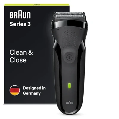 Afbeelding van Braun Series 3 elektrisch scheerapparaat voor heren met flexibele mesjes, oplaadbaar en draadloos, UK 2 polige stekker, 300, zwart