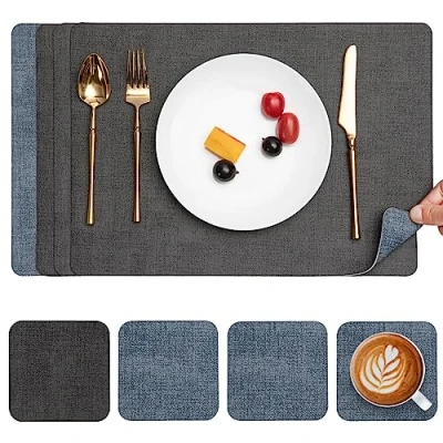 Afbeelding van Myir JUN Lederen Placemat en Onderzetters, Tafelmatten Waterdichte Afveegbare Dubbelzijdige Plaats Matten Koffiematten Antislip Wasbare Placemats Coaster (Grijs Lichtblauw, Sets 4)