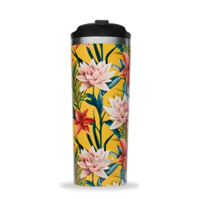 Afbeelding van QWETCH Thermosbeker voor op reis Tropical Yellow 470ml Koffie en theethermoskan van roestvrij staal 6 uur warm 12 koud BPA vrij, waterdicht, reismok