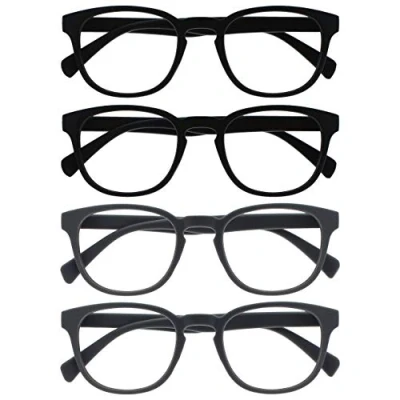 Afbeelding van Opulize Pop 4 Stuks Retro Ronde Glad Mat Zwart Grijs Mannen Vrouwen Leesbril Scharnieren Met Veer RRRR2 1177 +1,50