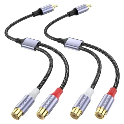 Afbeelding van MOSWAG RCA Y Splitter, 1 Mannelijk naar 2 Vrouwelijke Kabeladapter, Splitter Audio Speaker Adapter Kabel (2 Pack) Compatibel met Subwoofers