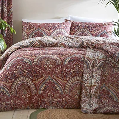 Afbeelding van Dreams &amp; Drapes Kastanjebruin Jacobean bloemen super kingsize beddengoed maat (260 x 220 cm) donkerrood damast dekbedovertrek omkeerbaar ontwerp traditioneel geïnspireerd Perzisch