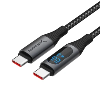 Afbeelding van SABRENT USB C naar oplaadkabel met smart display, 2 m lang, E marker chip, 100 W opladen en 480 Mbps gegevensoverdrachtsnelheden, voor laptops, smartphones tablets (CB C2C2)