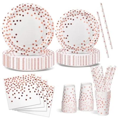 Afbeelding van Nkaiso Verjaardagsfeestservies, 120 stuks, roségoud, feestborden, verjaardag, set inclusief wegwerpborden, papieren kopjes, servetten voor feest, decoratie, babyshower, 24 gasten