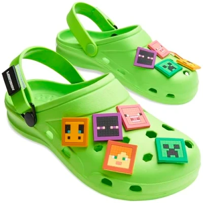 Afbeelding van Minecraft Clogs voor jongens, kinderpantoffels tuin, strand, zwembad cadeau idee, Groen met bedels, 34/35 EU