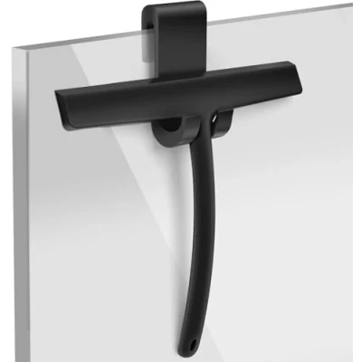 Afbeelding van Douchewisser, siliconen trekker, douche met roestvrijstalen kern, zonder boren, douchewisser houder, voor douche, badkamer, tegels, spiegels, ramen, zwart, 24 cm