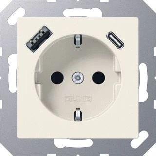 Afbeelding van Jung wandcontactdoos inbouw klauw schroef met usb kinderbeveiliging ip20 wit ral1013 a1520 15ca