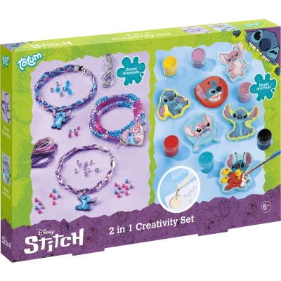 Afbeelding van Disney Lilo en Stitch Totum 2 in 1 knutselset armbandjes maken gips gieten beschilderen cadeautip knutselen creatief speelgoed
