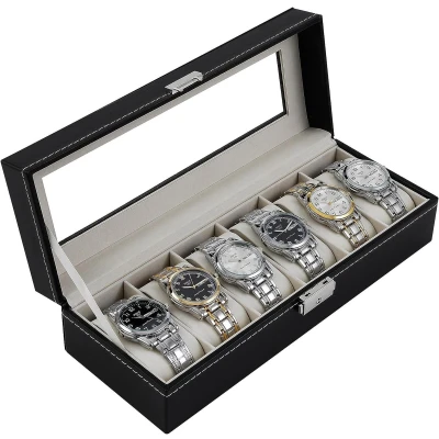 Afbeelding van Horlogedoos, 6 horloges, opbergdoos met glazen deksel, horlogedoos venster, fluwelen voering, metalen sluiting, zwart PU etui