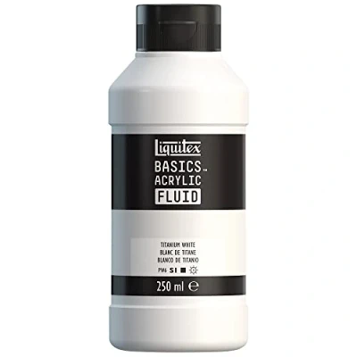 Afbeelding van Liquitex 8870428 Basics Fluid acrylverf met vloeiende consistentie, sneldrogend, lichtecht, waterbestendig, op waterbasis, fles van 250 ml, titaniumwit