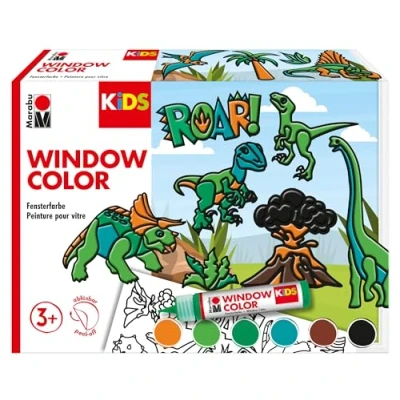 Afbeelding van Marabu 306000000004 KiDS &quot;Dinosaurs&quot; raamverfset, 6 x 25 ml raamverf op waterbasis, 2 A3 en A4 stencils, 30 motieven, voor kinderen vanaf 3 jaar