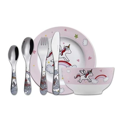 Afbeelding van Exzact Bestek cadeauset 6 stuks roestvrij staal/kinderservies 1 x kom, bord, tafelmes, eetvork, theelepel en tafellepel Deluxe geschenkdoos Eenhoorn