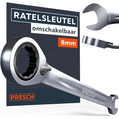 Afbeelding van Presch Ratelsleutel omkeerbar 8mm Minimale terughaalhoek (4, 90 tanden) 15 hoek voor krappe plekken Nauwkeurig gefreesde, duurzame ringsleutel