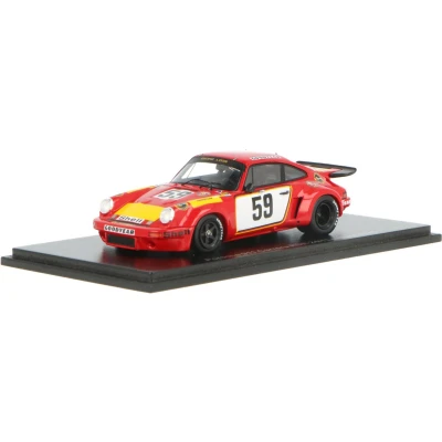 Afbeelding van De 1:43 Diecast Modelcar van Porsche 911 Carrera RSR #59 24H LeMans 1975. rijders waren T. Schenken en H. Ganley. fabrikant het schaalmodel is Spark Models. Dit model alleen online verkrijgbaar