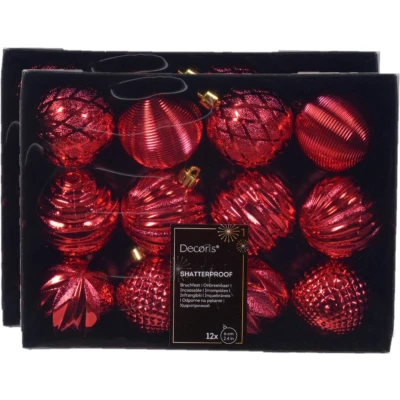 Afbeelding van Decoris luxe kerstballen 24x 6 cm kunststof rood Kerstbal