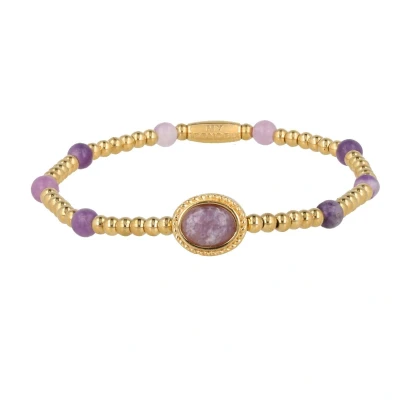 Afbeelding van My Bendel Elastische goudkleurige armband Met Lilac Quartz edelstenen bedels luxe cadeauverpakking