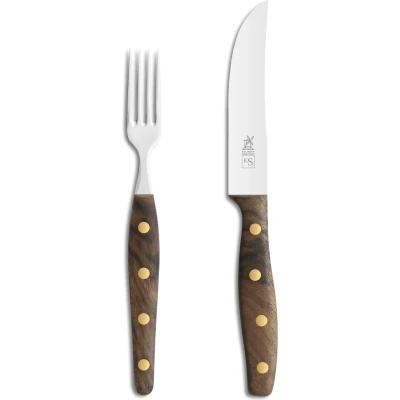 Afbeelding van Robert Herder K Steakvork en Steakmes Breed RVS Glad Lemmet 12.5 cm Heft Walnotenhout