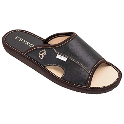 Afbeelding van ESTRO Herenpantoffels Huisschoenen Leer Thuis Instappantoffels Herenslipper Memory Foam Traagschuim VERANO (41, Cacao)