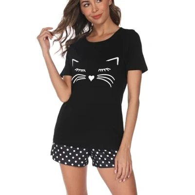 Afbeelding van Reliwel Pyjama voor dames, katoen, zomer, pyjamaset, kort, nachtkleding, korte mouwen, ronde hals en shorts met binnenzakken, kattenprint, 2 delig, Zwart A., L