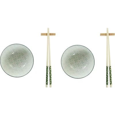 Afbeelding van 6 delige sushi serveer set aardewerk voor 2 personen groen/wit Bordjes