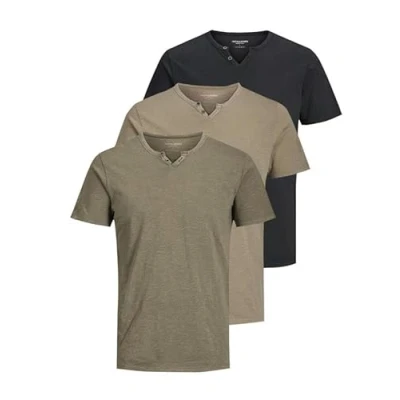 Afbeelding van JACK &amp; JONES JJESPLIT Basic T shirt voor heren, V hals, korte mouwen, jersey katoenen met knopen, Pack B: Graniet Green, Ultimate Grey, Black), M