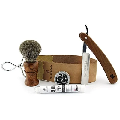 Afbeelding van Jag Shaving Scheerset 5 delige Duurzaam Houten scheerkwast Scheermes Leren riem Schurende pasta Aluinstaaf Echte Peel Off Strop Kerstcadeau