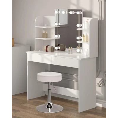 Afbeelding van WOLTU kaptafel met LED verlichting en kruk, 2 laden, 4 planken, 108x40x142cm, in hoogte verstelbare stoel, houten cosmetische tafel, wit, MB6106ws